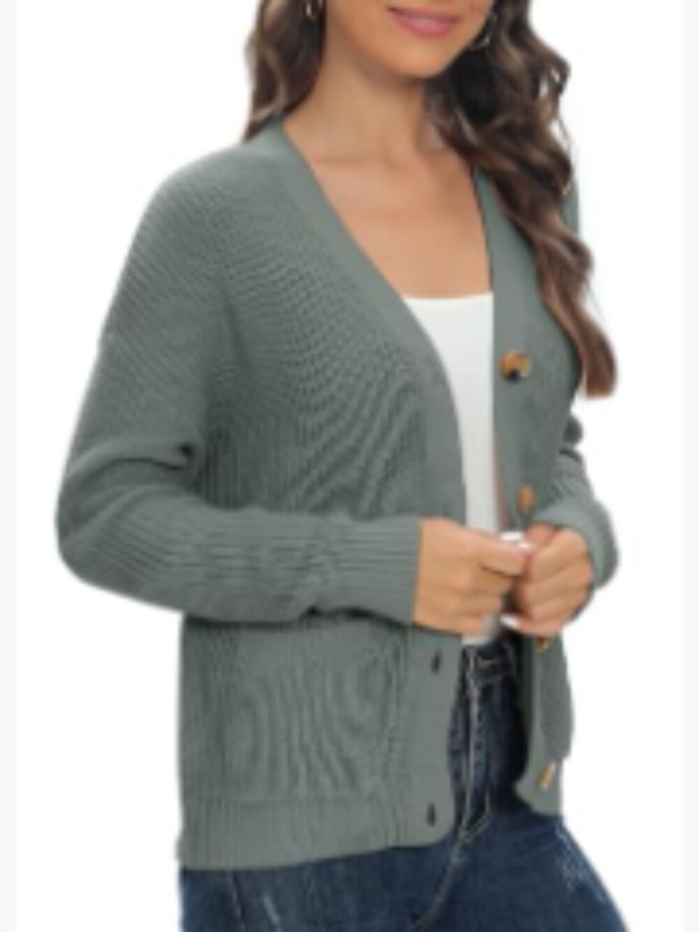 Lightweight Knit Open Front V-Neck Long Sleeve Button Down Cardigan with Pockets - Picture 5 of 6